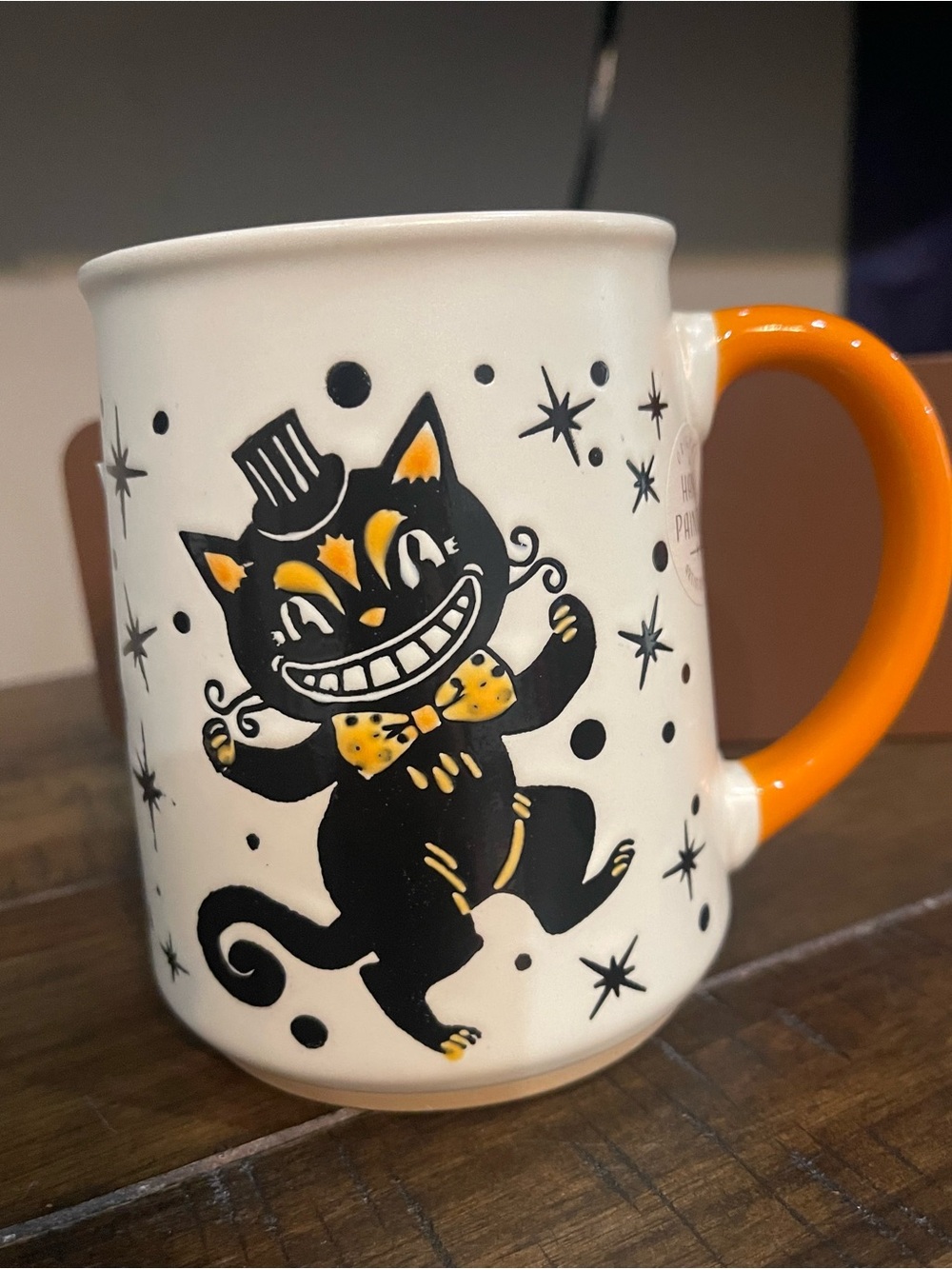 Halloween Cat Ceramic Coffee Mug - White with Orange Handle